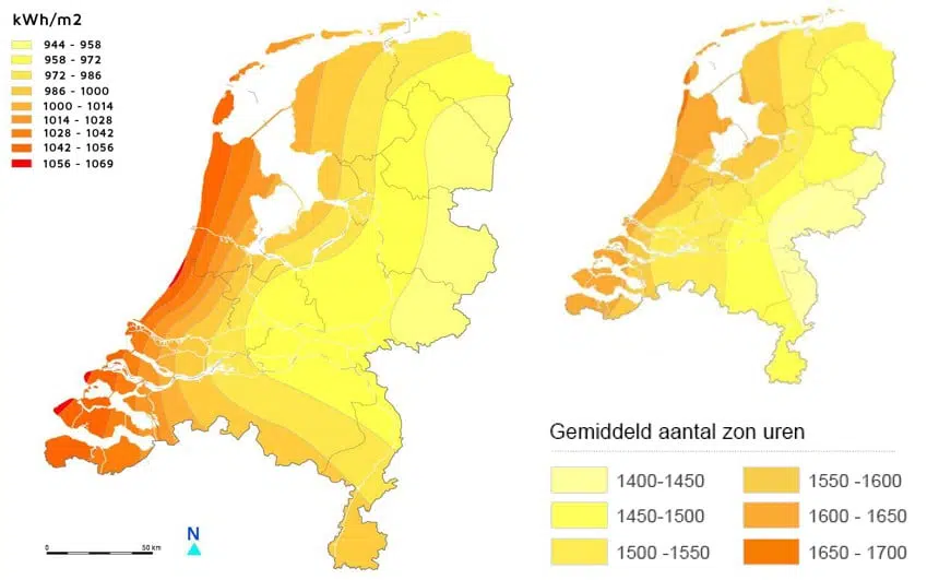 zonnepanelen zonuren zon instraling kaart nederland